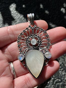 Mother of Pearl Shell and Rainbow Moonstone Gemstone Crystal Jewelry Pendant #YypzrbFuUjs