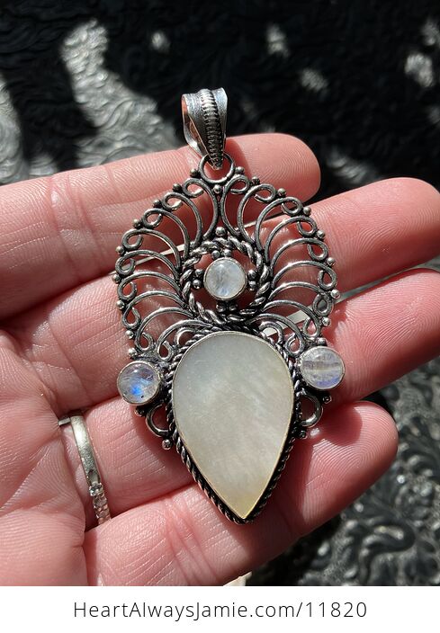 Mother of Pearl Shell and Rainbow Moonstone Gemstone Crystal Jewelry Pendant - #YypzrbFuUjs-1