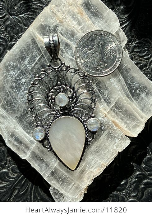 Mother of Pearl Shell and Rainbow Moonstone Gemstone Crystal Jewelry Pendant - #YypzrbFuUjs-2