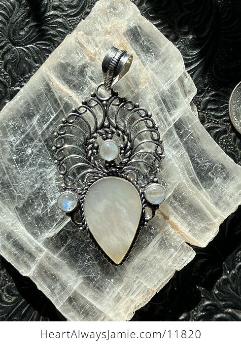Mother of Pearl Shell and Rainbow Moonstone Gemstone Crystal Jewelry Pendant - #YypzrbFuUjs-3