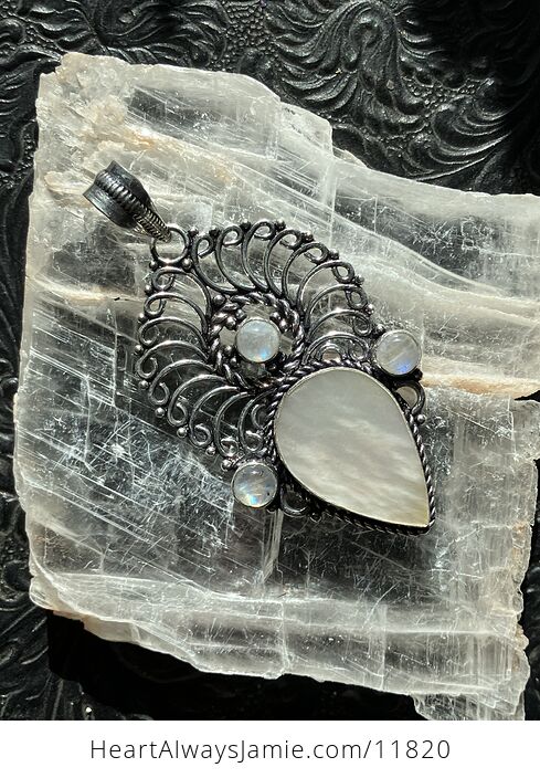 Mother of Pearl Shell and Rainbow Moonstone Gemstone Crystal Jewelry Pendant - #YypzrbFuUjs-4