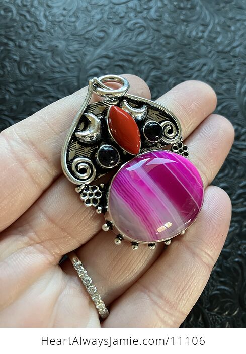 Mystic Lunar Pink Agate Red Coral and Blue Goldstone Crystal Stone Pendant Charm - #x2h40bUP1yM-2