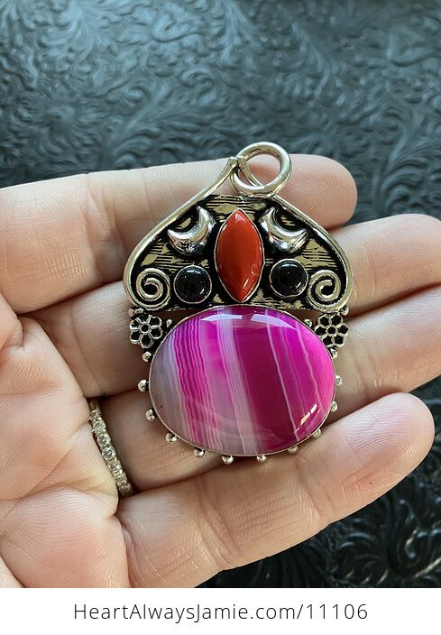 Mystic Lunar Pink Agate Red Coral and Blue Goldstone Crystal Stone Pendant Charm - #x2h40bUP1yM-1