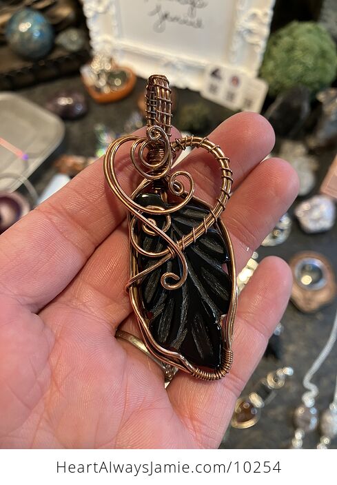 Natural Black Onyx Carved Leaf Crystal Stone Jewelry Wire Wrapped Pendant - #Iy0Sup0rRiU-1