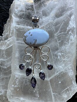 Natural Blue Owyhee Opal and Amethyst Crystal Stone Jewelry Pendant #PaVCx4XrFbs