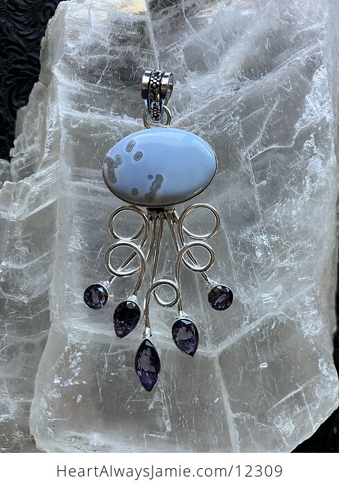 Natural Blue Owyhee Opal and Amethyst Crystal Stone Jewelry Pendant - #PaVCx4XrFbs-1