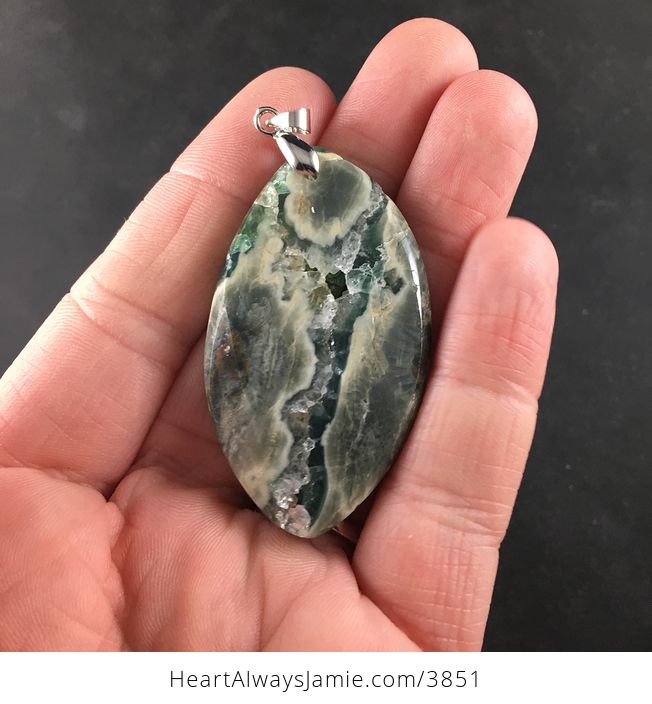 Natural Green and Beige Druzy Ocean Jasper Stone Jewelry Pendant Necklace - #NzlWOoXB7P4-6