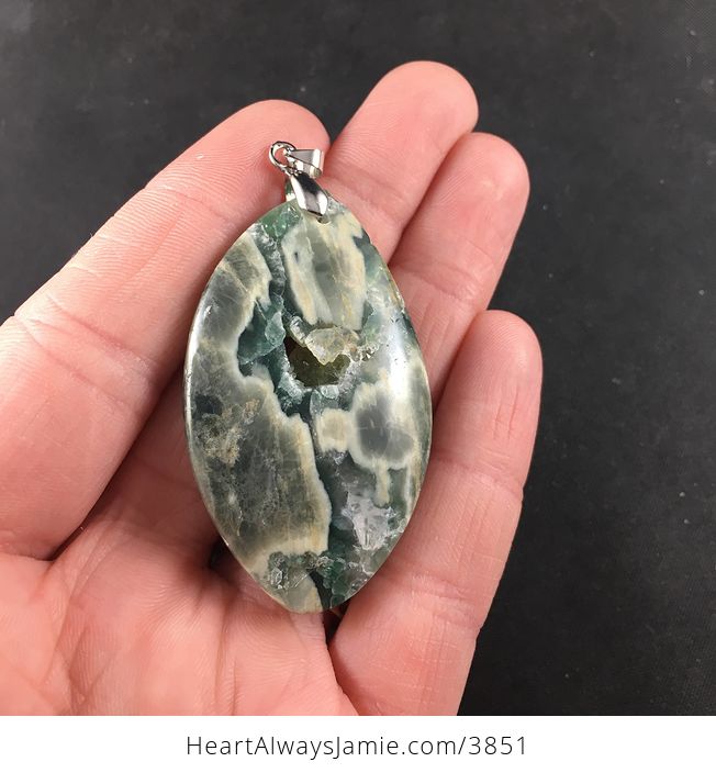 Natural Green and Beige Druzy Ocean Jasper Stone Jewelry Pendant Necklace - #NzlWOoXB7P4-2