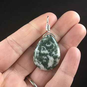 Natural Green and White Tree or Moss Agate Stone Jewelry Pendant #GQIqsWy3OO0