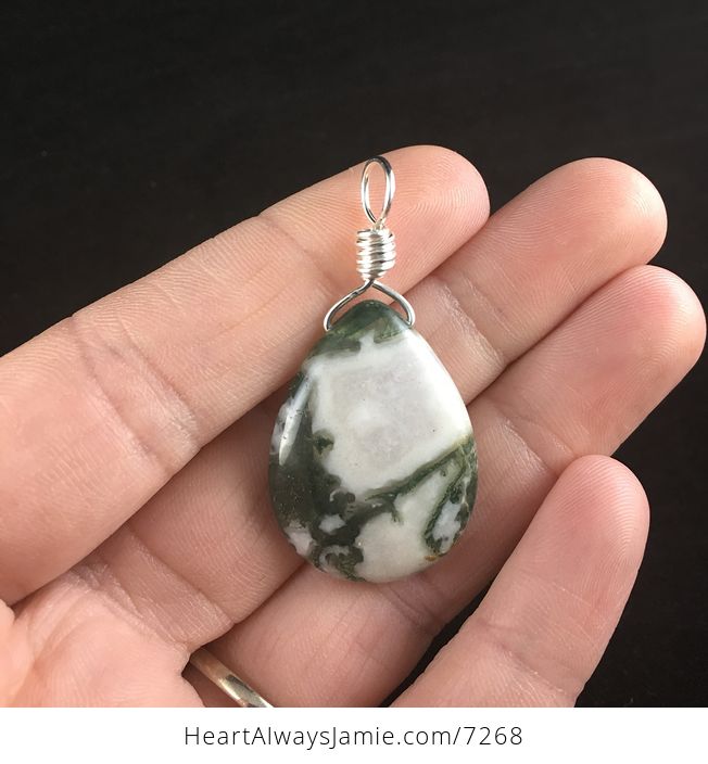 Natural Green and White Tree or Moss Agate Stone Jewelry Pendant - #xxlGKkaXnW8-2