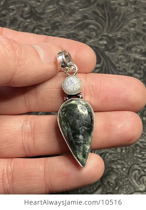 Natural Green Seraphinite and Rainbow Moonstone Crystal Stone Jewelry Pendant - #nbgydf203w8-2
