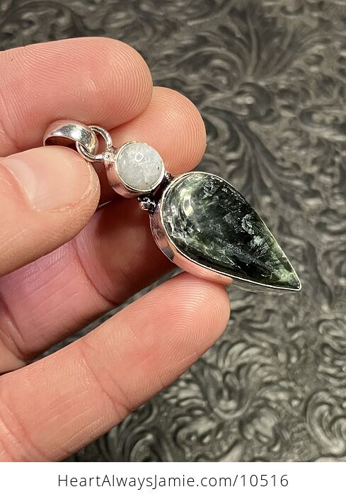 Natural Green Seraphinite and Rainbow Moonstone Crystal Stone Jewelry Pendant - #nbgydf203w8-1
