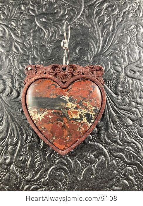 Natural Heart Flame Jasper Stone and Wood Crystal Gemstone Jewelry Pendant Mini Art Ornament - #JVjx1Zhw8XE-1