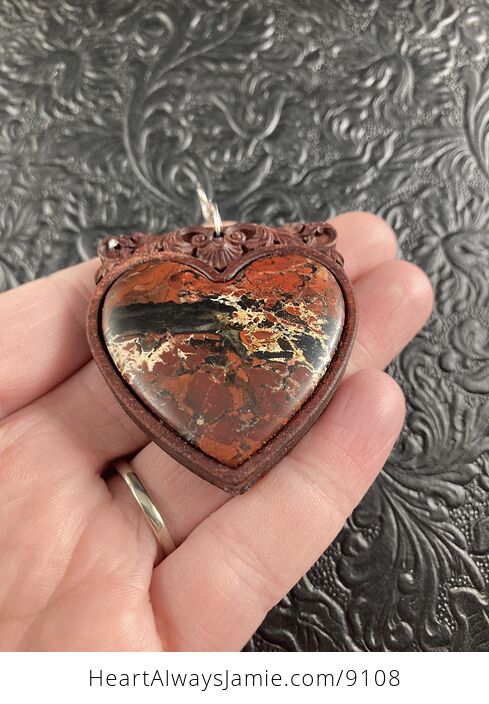 Natural Heart Flame Jasper Stone and Wood Crystal Gemstone Jewelry Pendant Mini Art Ornament - #JVjx1Zhw8XE-3