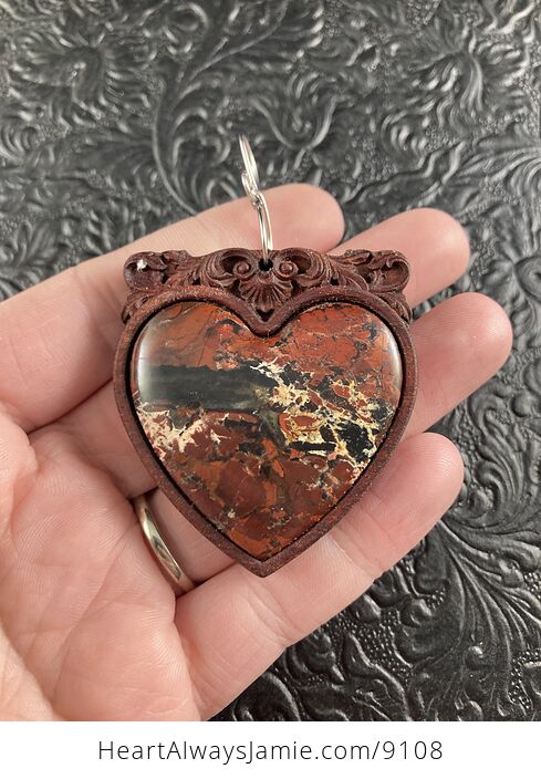 Natural Heart Flame Jasper Stone and Wood Crystal Gemstone Jewelry Pendant Mini Art Ornament - #JVjx1Zhw8XE-2