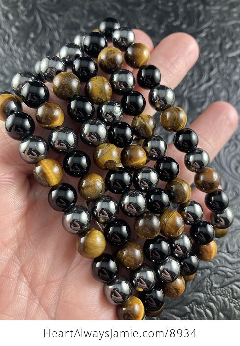 Natural Hematite Black Onyx and Tigers Eye 8mm Gemstone Jewelry Bracelet - #91jScreoW3E-1