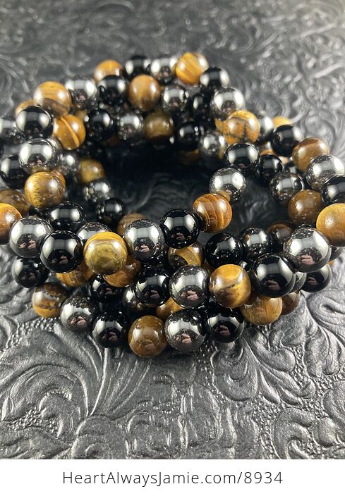 Natural Hematite Black Onyx and Tigers Eye 8mm Gemstone Jewelry Bracelet - #91jScreoW3E-4
