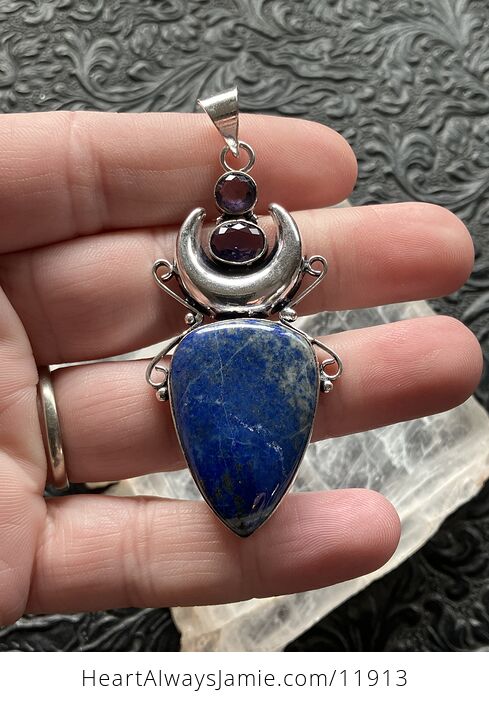Natural Lapis Lazuli and Faceted Amethyst Witchy Mustic Lunar Crystal Stone Jewelry Pendant - #fqp4X0OAQjQ-1