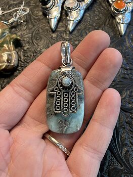 Natural Larimar Hamsa Hand Crystal Stone Jewelry Pendant #SAZ2fWodNSw