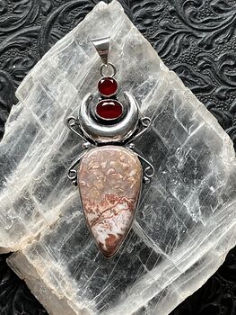 Natural Rosetta Picture Stone and Garnet Witchy Mustic Lunar Crystal Stone Jewelry Pendant #Dn7E6sRl8u4