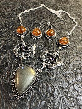 Nature Fairy Themed Amber Chalcopyrite Necklace and Earring Crystal Jewelry Set #NIB2ejJ7K5k