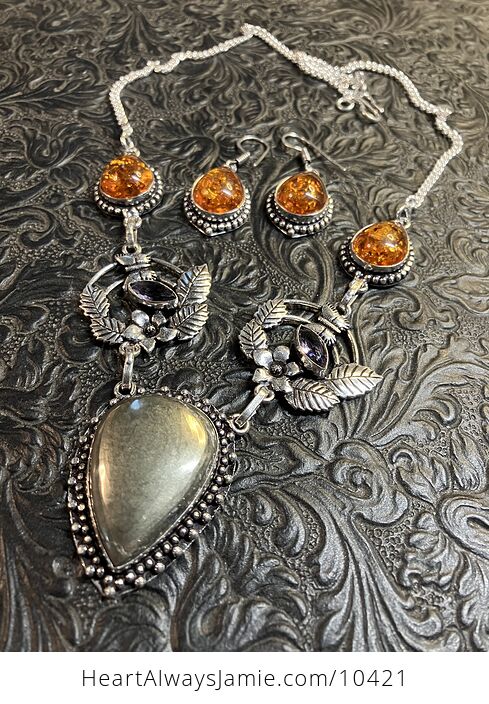 Nature Fairy Themed Amber Chalcopyrite Necklace and Earring Crystal Jewelry Set - #NIB2ejJ7K5k-1