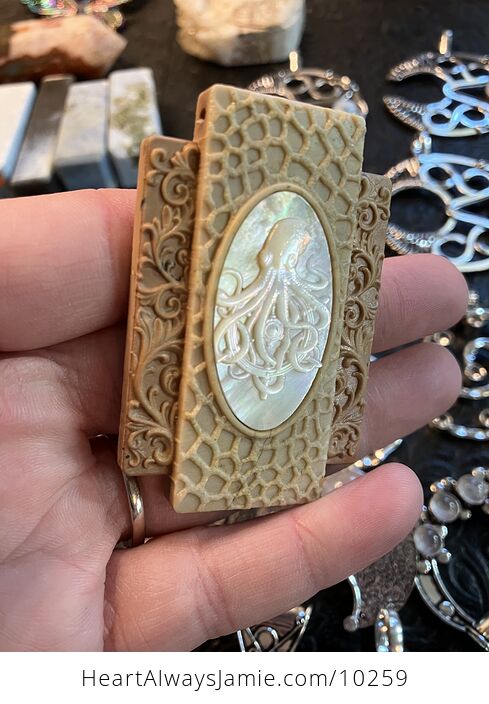 Octopus Carved Mini Art Mother of Pearl and Picture Jasper Stone Pendant Cabochon Jewelry - #PvcZNdQPZZ0-9