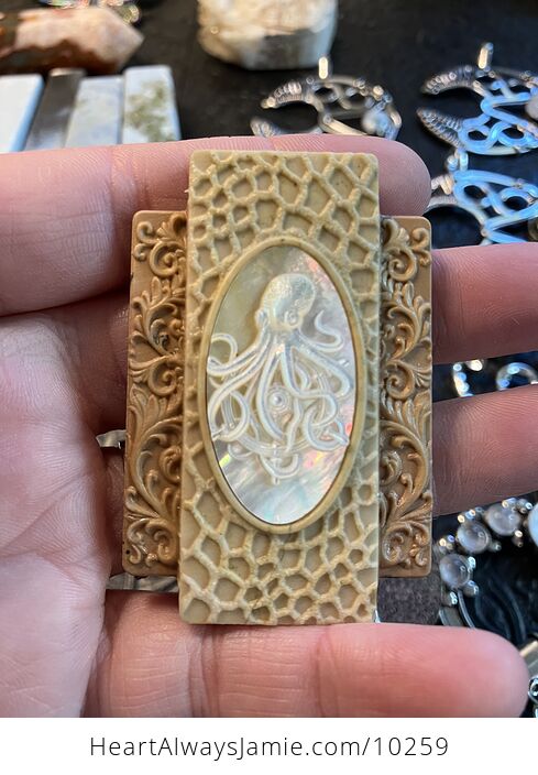 Octopus Carved Mini Art Mother of Pearl and Picture Jasper Stone Pendant Cabochon Jewelry - #PvcZNdQPZZ0-8