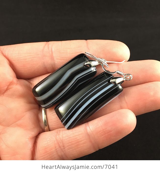 On Hold for Juniper Black and White Striped Agate Stone Jewelry Earrings - #4s37XzZGFgU-2