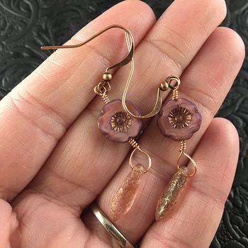 Opaline Pink Glass Hawaiian Flower and Etched Pink Dagger Earrings with Copper Wire #eS19V23ccDQ