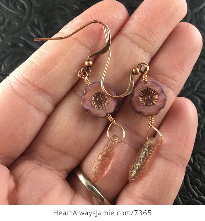 Opaline Pink Glass Hawaiian Flower and Etched Pink Dagger Earrings with Copper Wire - #eS19V23ccDQ-1