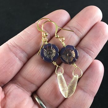 Opaline Purple Glass Hawaiian Flower and Transparent Etched Gold Flecked Dagger Earrings with Gold Wire #mDr7JlGXvlA