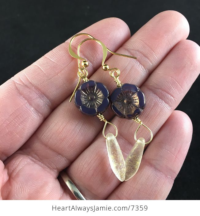 Opaline Purple Glass Hawaiian Flower and Transparent Etched Gold Flecked Dagger Earrings with Gold Wire - #mDr7JlGXvlA-1