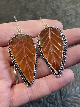 Orange Carnelian Leaf Carved Crystal Stone Earrings #acmXblNcMyQ