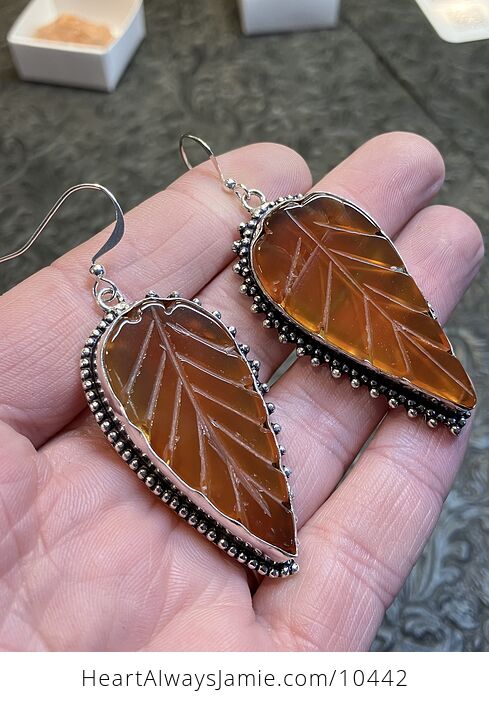 Orange Carnelian Leaf Carved Crystal Stone Earrings - #acmXblNcMyQ-3
