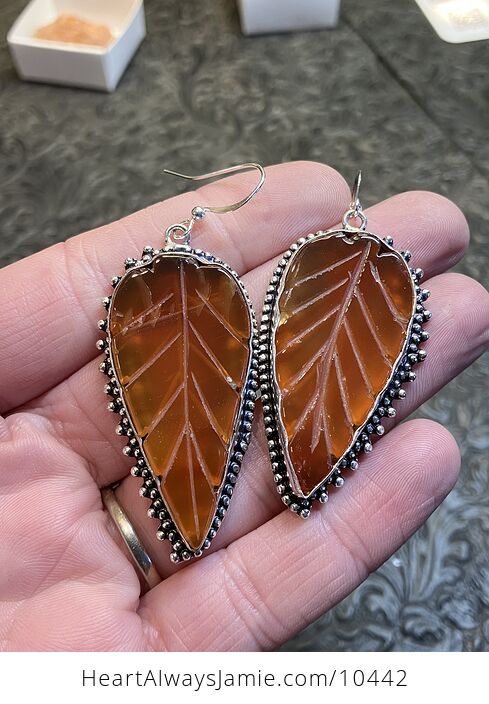 Orange Carnelian Leaf Carved Crystal Stone Earrings - #acmXblNcMyQ-5