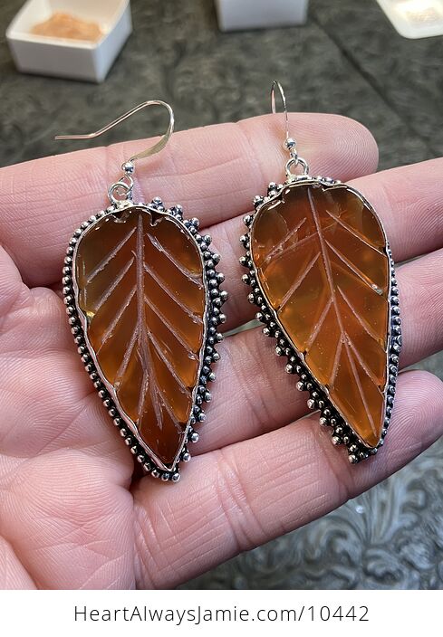 Orange Carnelian Leaf Carved Crystal Stone Earrings - #acmXblNcMyQ-2