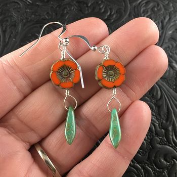 Orange Picasso Styled Glass Hawaiian Flower and Turquoise Picasso Styled Dagger Earrings with Silver Wire #CDBQHRwrAxE