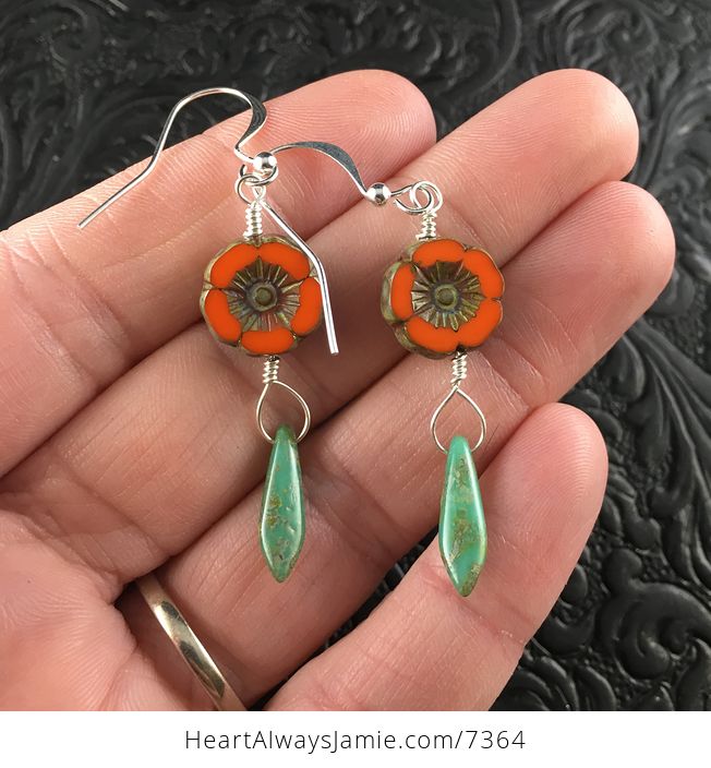 Orange Picasso Styled Glass Hawaiian Flower and Turquoise Picasso Styled Dagger Earrings with Silver Wire - #CDBQHRwrAxE-1
