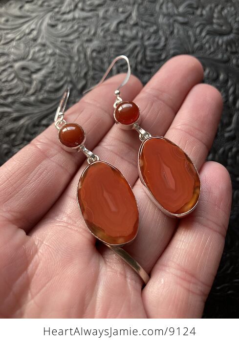 Orange Solar Agate Slice and Carnelian Crystal Stone Jewelry Earrings - #H1CxEv7XYvA-3