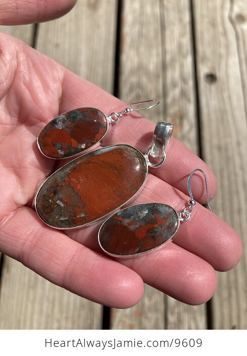 Oval African Bloodstone Cherry Orchard Jasper Crystal Stone Jewelry Set Earring and Pendant - #3YOLKqXJCpM-3
