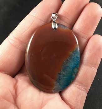 Oval Brown and Blue Druzy Agate Stone Pendant #FxjILzykgJA