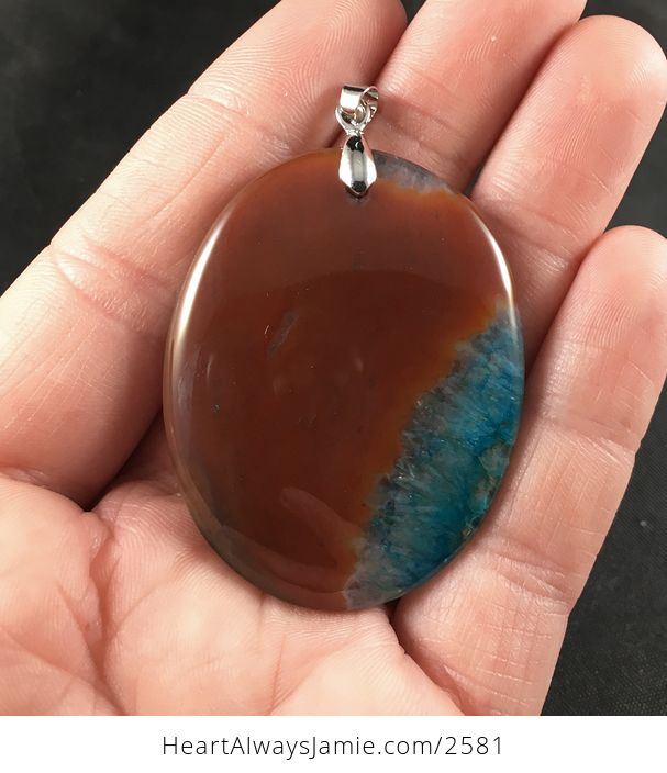 Oval Brown and Blue Druzy Agate Stone Pendant - #FxjILzykgJA-1
