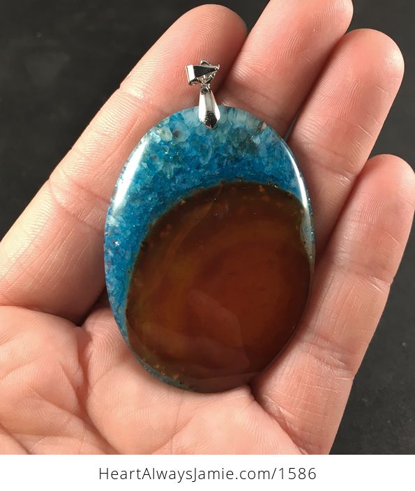 Oval Brown and Blue Druzy Agate Stone Pendant - #yLXu4Z6lEws-1