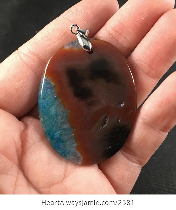 Oval Brown and Blue Druzy Agate Stone Pendant Necklace - #FxjILzykgJA-2