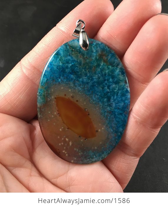 Oval Brown and Blue Druzy Agate Stone Pendant Necklace - #yLXu4Z6lEws-2