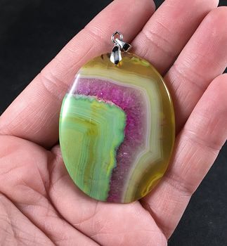 Oval Green Semi Transparent Yellow and Beautiful Pink Druzy Agate Stone Pendant #g2OUzCLjUfg