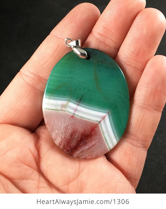 Oval Green White and Red Druzy Agate Stone Pendant Necklace - #apA2Eg8bRV4-2
