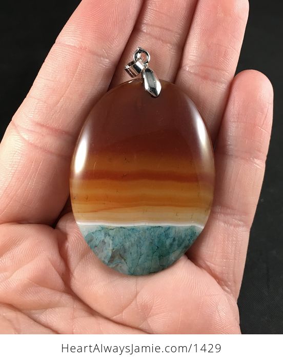 Oval Ocean Sunset Brown and Orange and Blue Druzy Agate Stone Pendant - #iR5aeErcNQ4-1