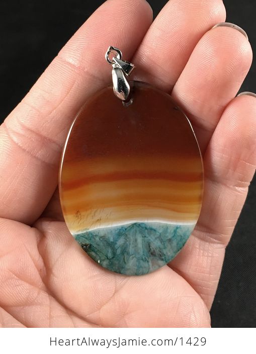 Oval Ocean Sunset Brown and Orange and Blue Druzy Agate Stone Pendant Necklace - #iR5aeErcNQ4-2